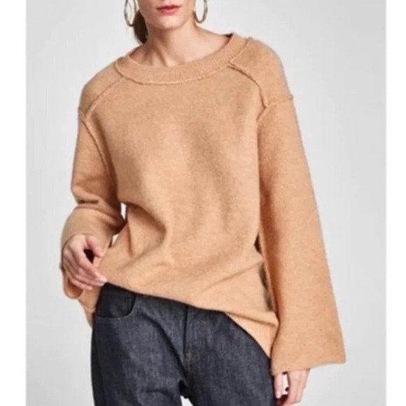 Zara Knit Exposed Seam Oversized Jumper Sweater Tan Beige Sz Small - Picture 3 of 8